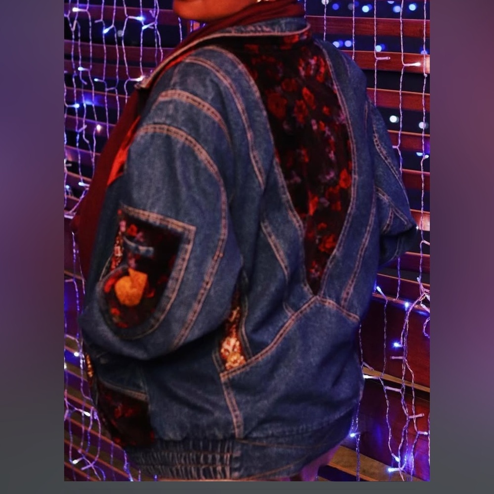 Denim Patchwork Jacket With Burgundy Accents - image 2